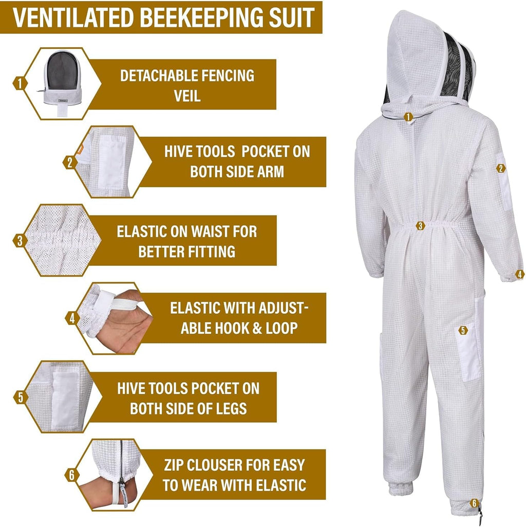 BP-311 Ventilated 3-Layer Beekeeping Suit with Fencing and Round Veil & Gloves | BeeProof
