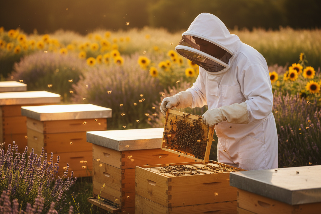 have the beekeeper workign with bee hives
