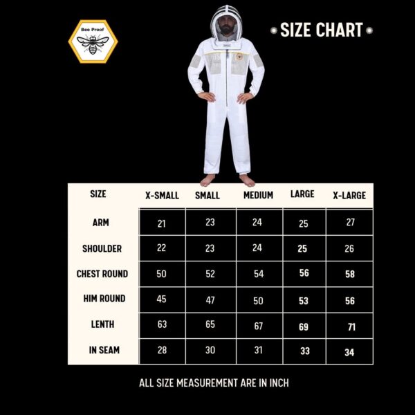 size chart of Beekeeping Suit with Mesh Pocket, Breathable Cotton Hybrid, Safety Fencing Veil
